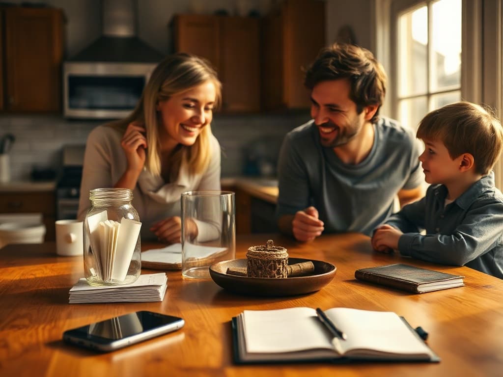 A family of four gathered around the kitchen table with the prayer jar, activity cards, journal, and phone.